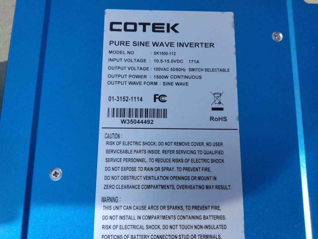 インバーター　　メーカー：COTECSK　　型番：1500-112　DA16Tから取り外し（中古）