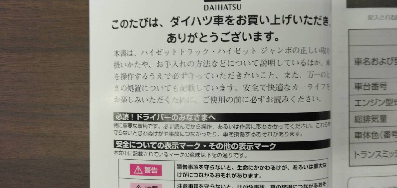 取扱説明書 【ダイハツ】 【ハイゼット】EBD-S500Pから取り外し (中古)