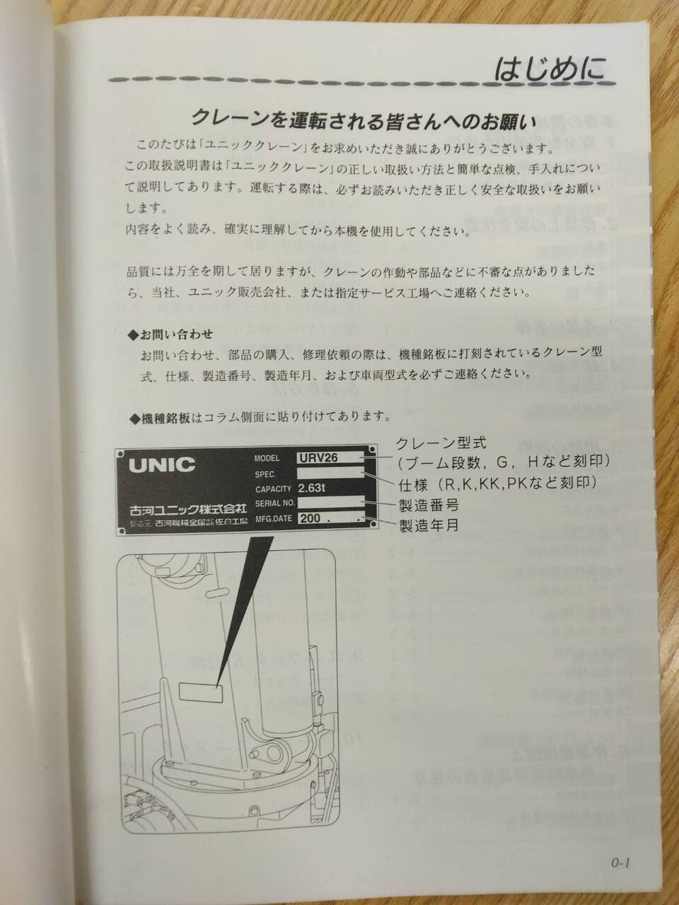 取扱説明書 　古河　ユニッククレーン (中古)