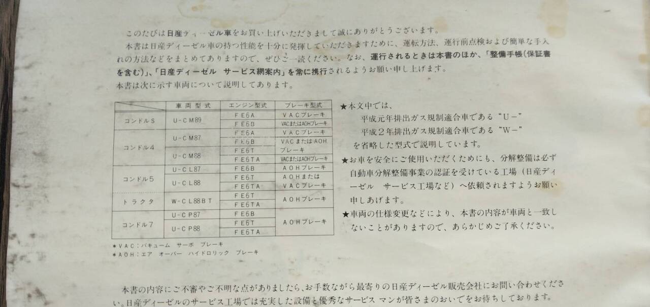 マニュアル　取扱説明書 　【日産】　【コンドル】 (中古)